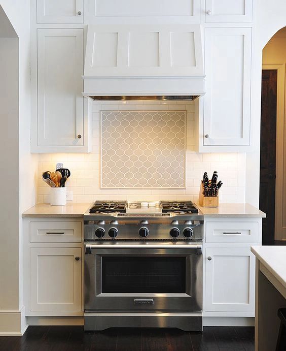 Modern kitchen staged by Side Porch Design — white cabinetry and stainless steel range